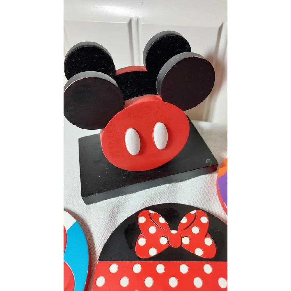 Disney Mickey Mouse Wooden Coaster Set with Holder Red Blue 4pc One‎ Size